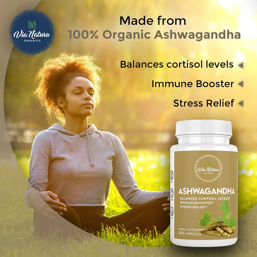 Via Natura Organics sustainable packaging for Ashwagandha capsules.