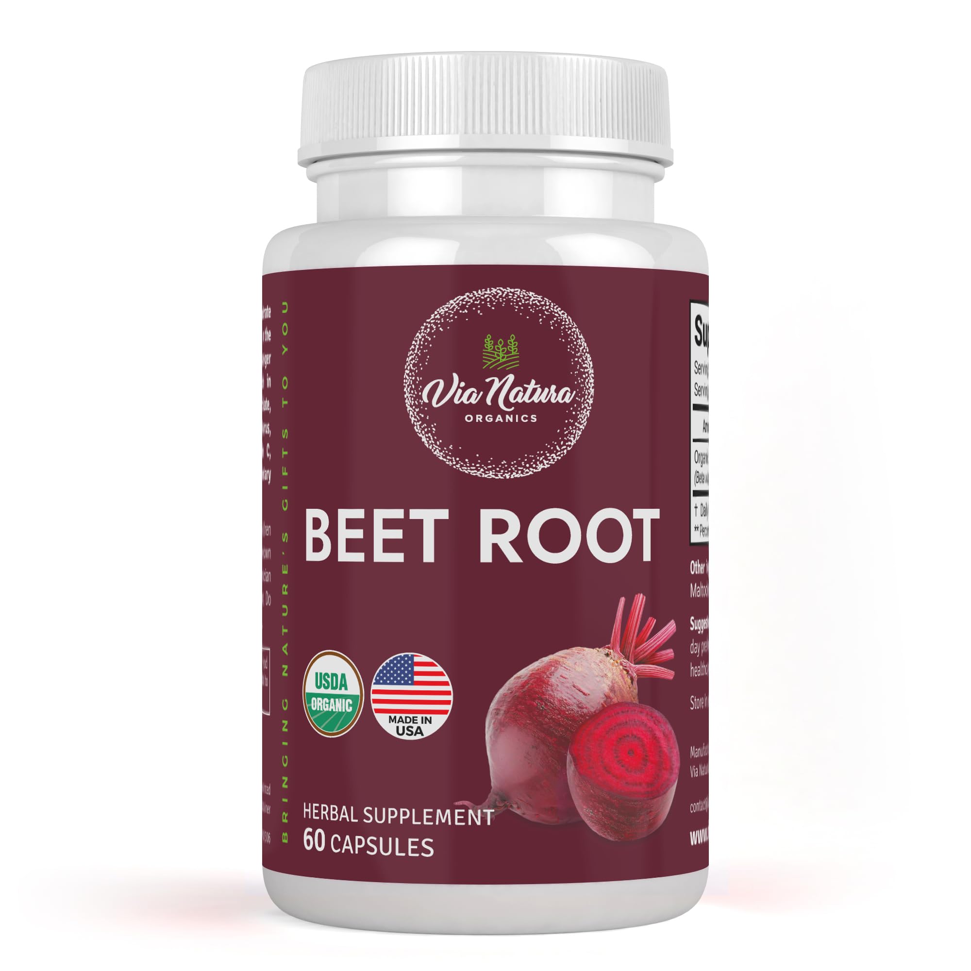 Via Natura Organics Beetroot Capsules bottle front highlighting the clean label and natural ingredients for daily wellness