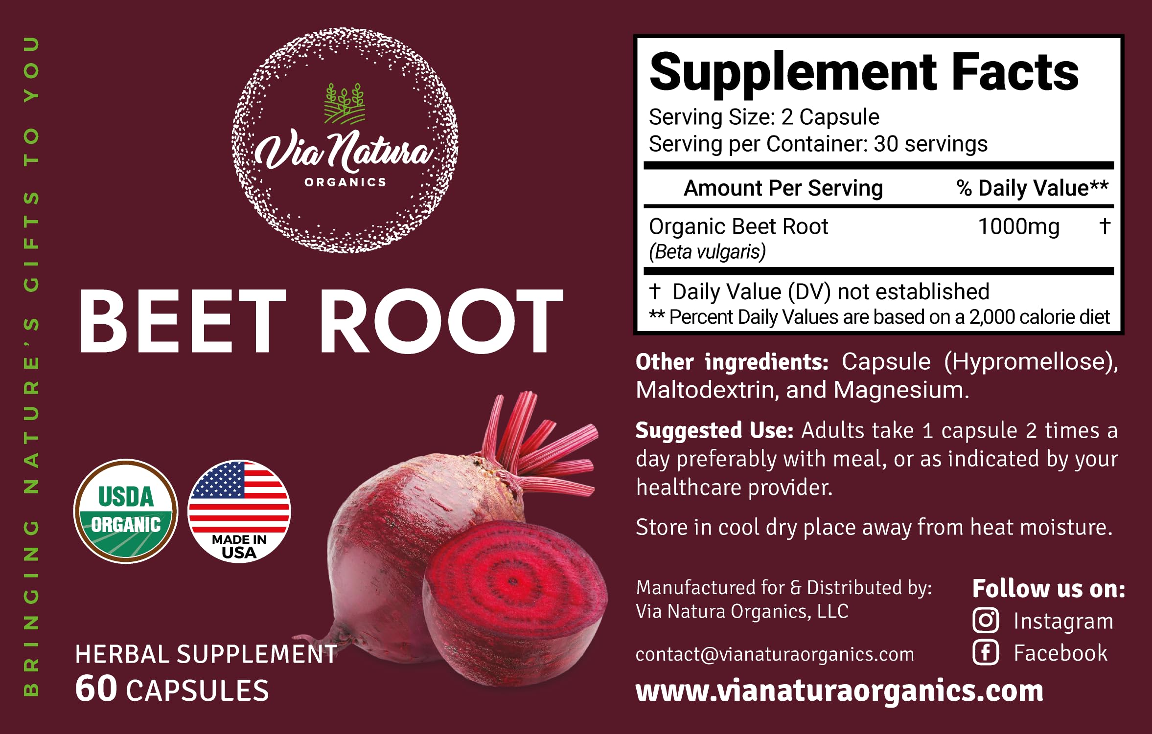 Via Natura Organics Beetroot Capsules close-up of capsules showing veggie-derived nitrates for nitric oxide support