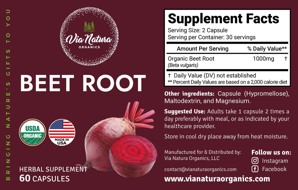 Via Natura Organics Beetroot Capsules close-up of capsules showing veggie-derived nitrates for nitric oxide support