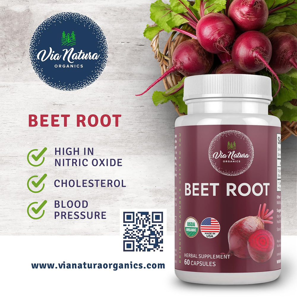 Via Natura Organics Beetroot Capsules label detail emphasizing organic, non-GMO, gluten-free ingredients