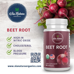 Via Natura Organics Beetroot Capsules label detail emphasizing organic, non-GMO, gluten-free ingredients