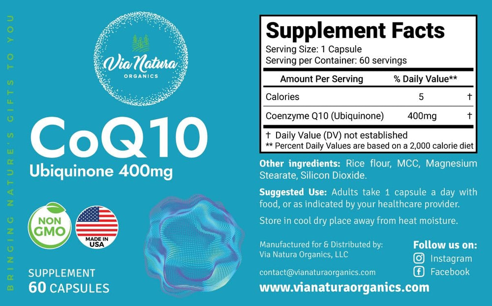 Via Natura Organics CoQ10 capsules image highlighting daily use.