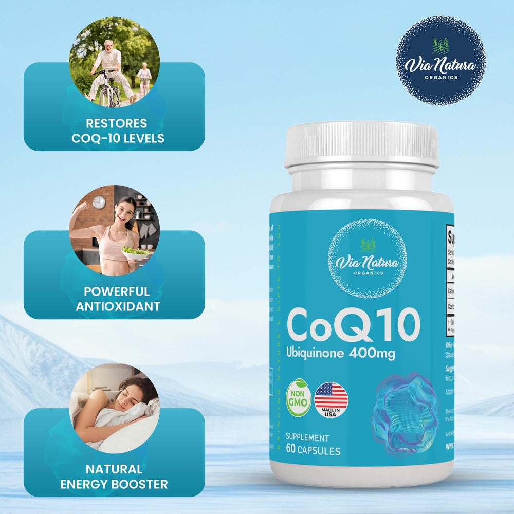 Via Natura Organics CoQ10 label detailing dosage and US-made promise.