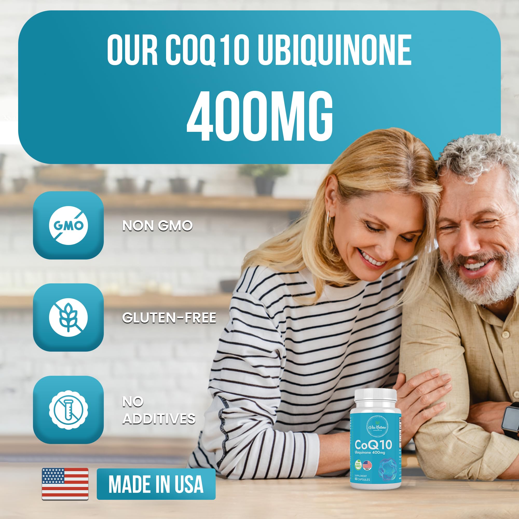 Via Natura Organics CoQ10 packaging emphasizes recyclable materials and sustainability.