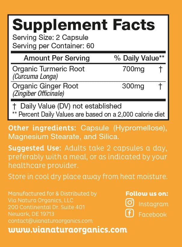 Via Natura Organics turmeric ginger capsules label close-up showing organic ingredients.
