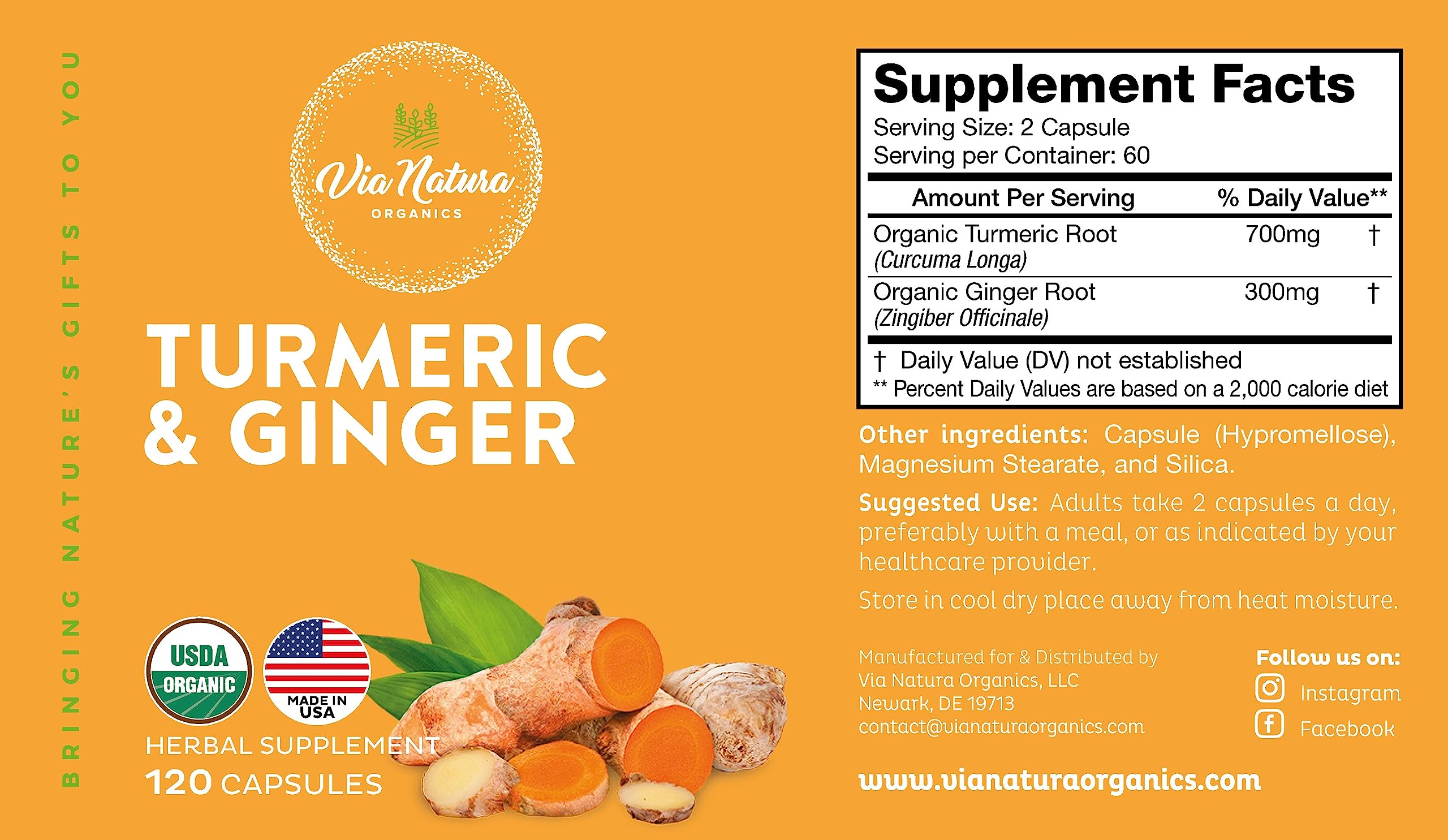 Via Natura Organics packaging emphasizes sustainable US-made production.
