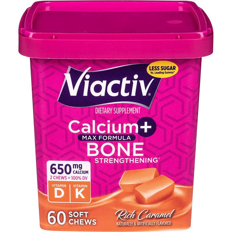 Viactiv Calcium Soft Chews Caramel 60-count pack; convenient daily calcium and vitamin D3