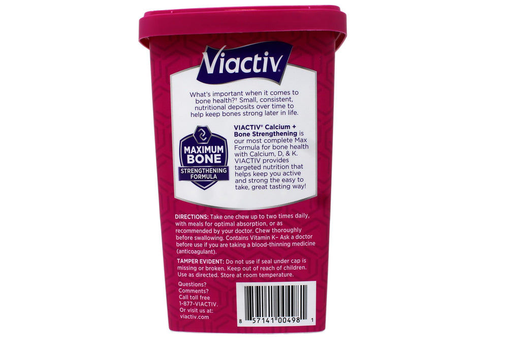 Viactiv Max calcium + D3 soft chews nutrition label shows calcium and vitamin D3.