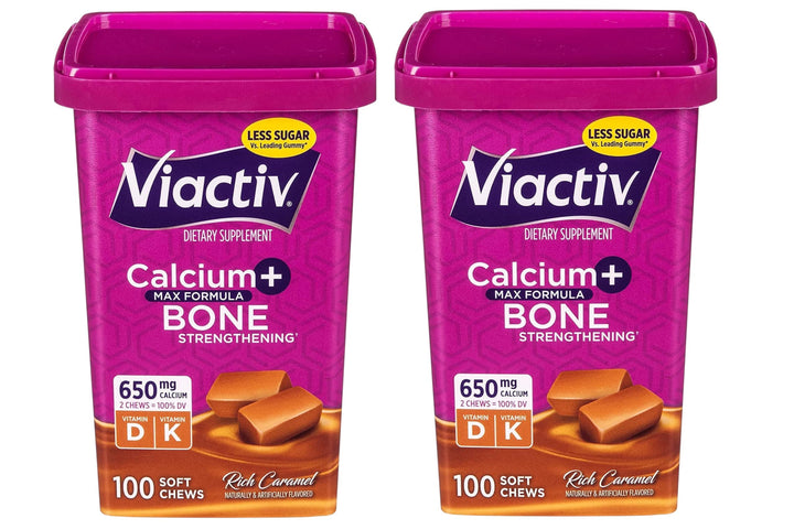Viactiv Max calcium + D3 soft chews in rich caramel, front view, supporting daily bone health.