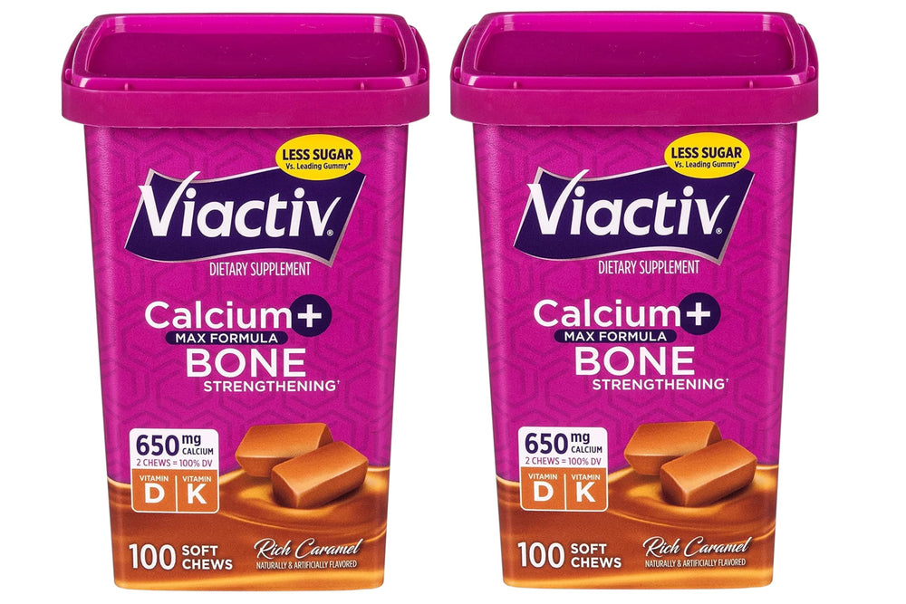Viactiv Max calcium + D3 soft chews in rich caramel, front view, supporting daily bone health.
