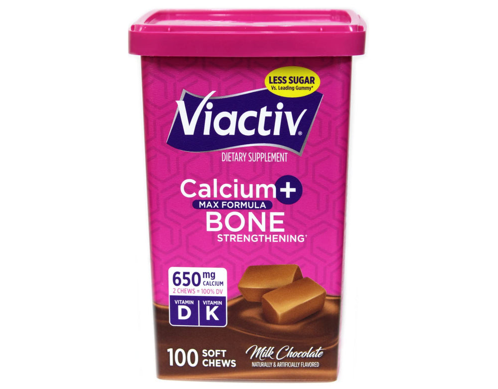 Viactiv soft chews milk chocolate closeup emphasizing tasty calcium source.