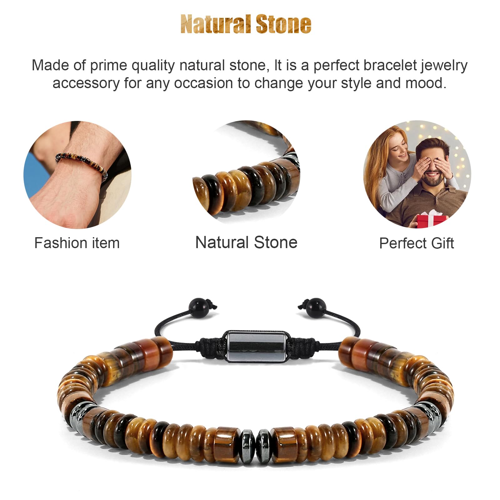 VIBILIA adjustable bracelet featuring tiger eye and stainless steel accents, fits 7.1 to 11.8 inches.