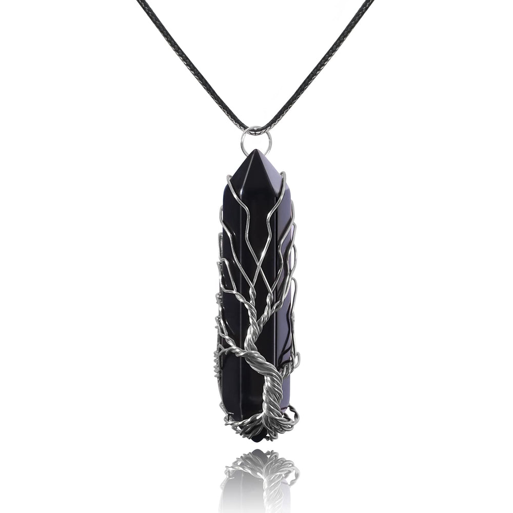 VIBILIA Healing Crystal Necklace with tree of life pendant, showcasing black agate for calm confidence.