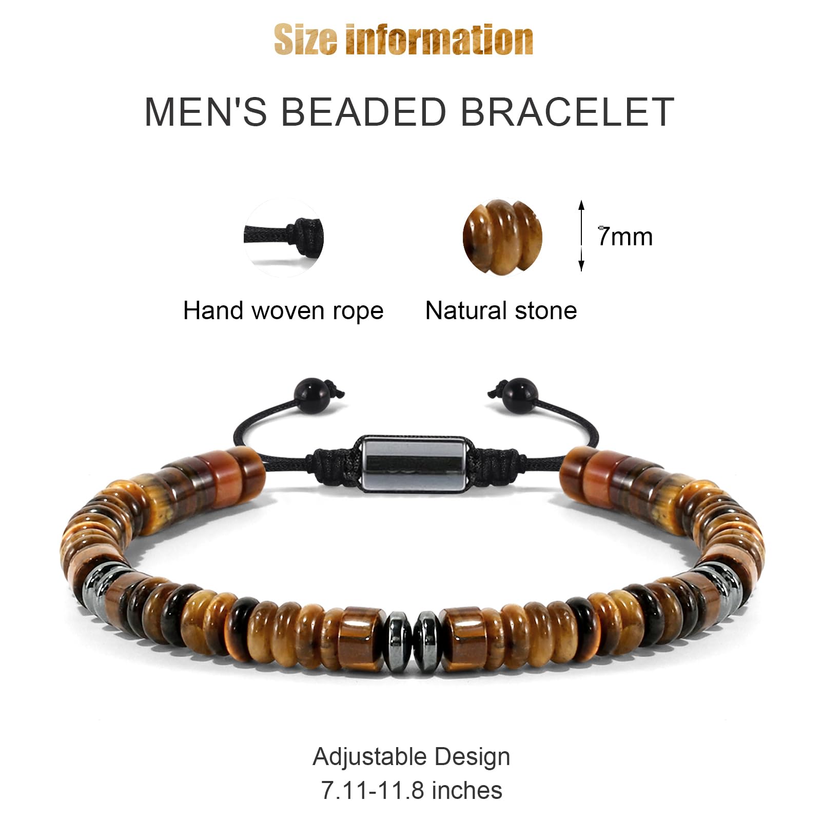 VIBILIA men's beaded bracelet with 7mm tiger eye beads, lightweight comfort for all-day use.