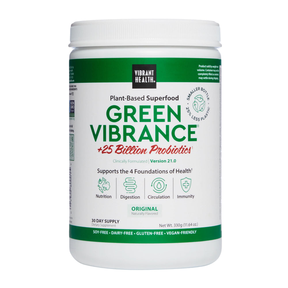 Vibrant Health Green Vibrance bottle with scoop for convenient daily nutrition.