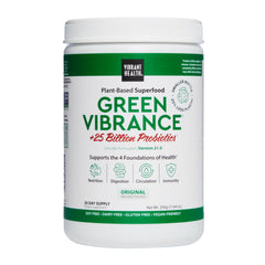 Vibrant Health Green Vibrance bottle with scoop for convenient daily nutrition.