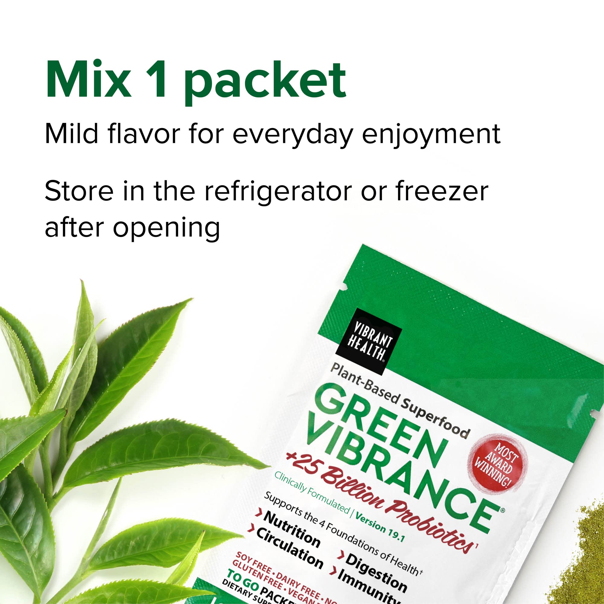 Vibrant Health Green Vibrance with astragalus shown in a compact daily sachet.