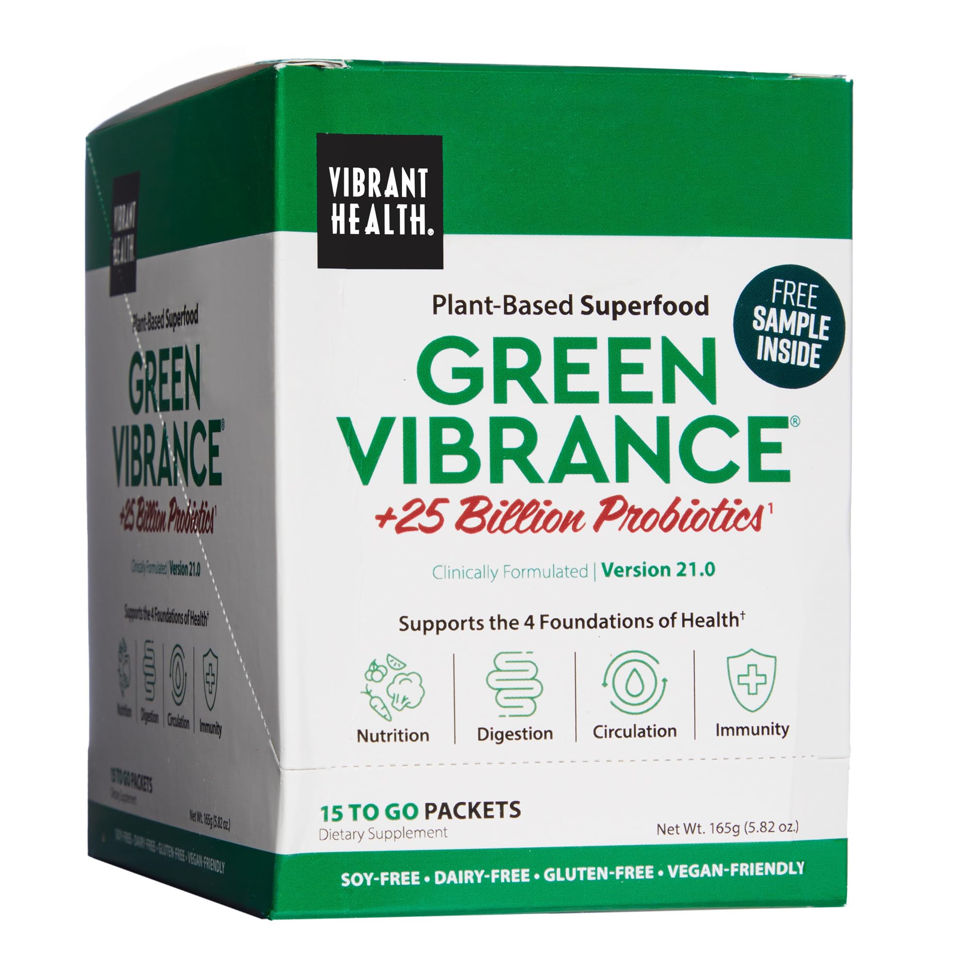 Vibrant Health Green Vibrance travel packaging for convenient on-the-go daily nutrition.