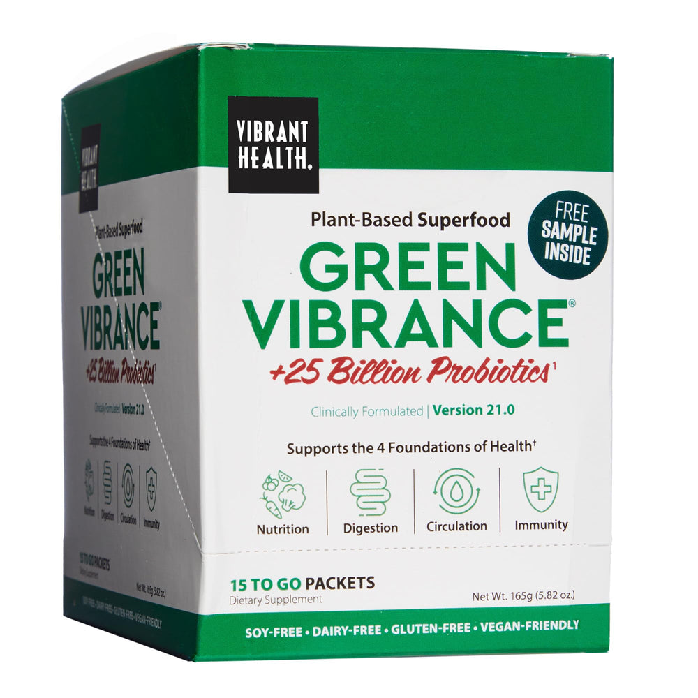 Vibrant Health Green Vibrance travel packaging for convenient on-the-go daily nutrition.