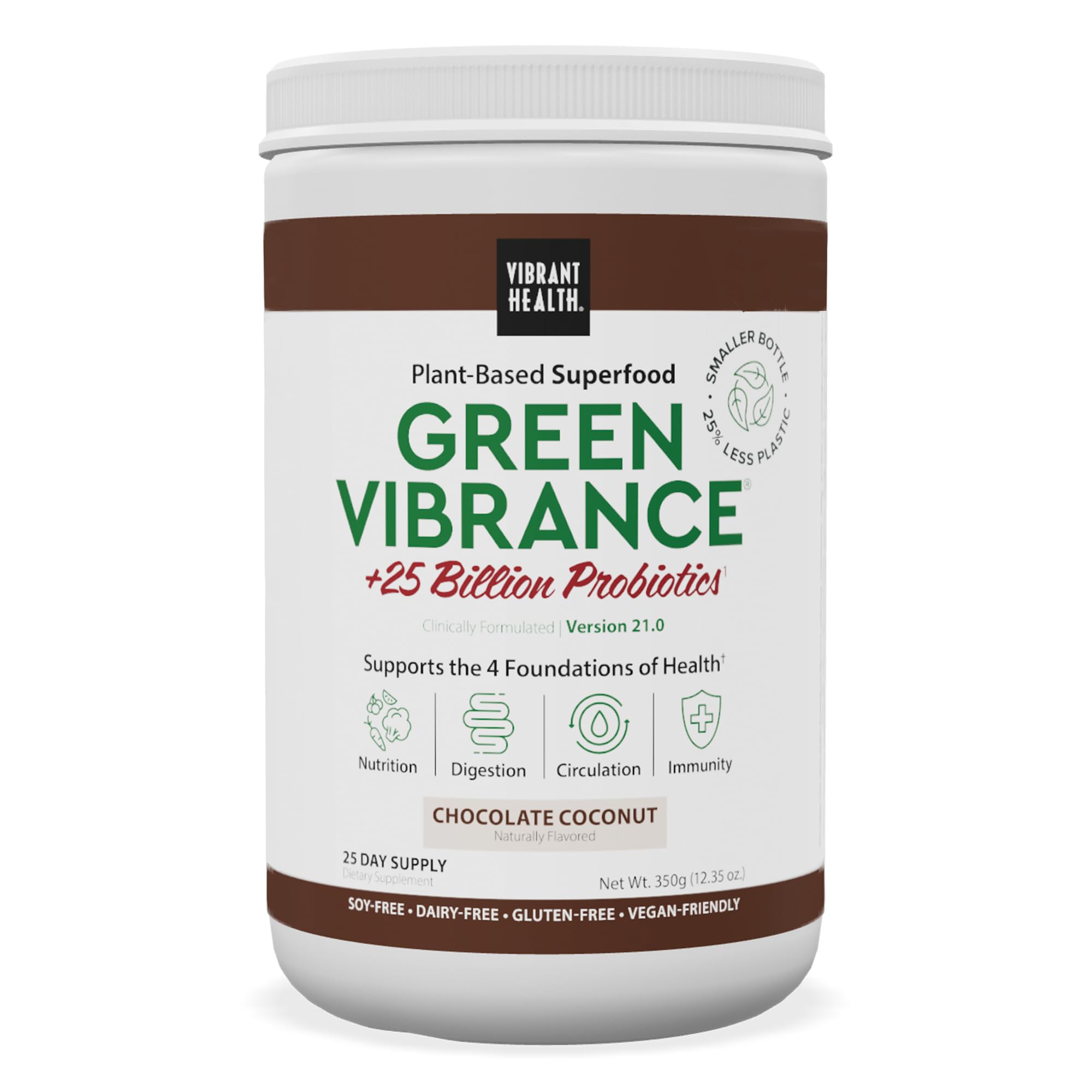 Vibrant Health Green Vibrance tub front with Chocolate Coconut flavor for daily nutrition.