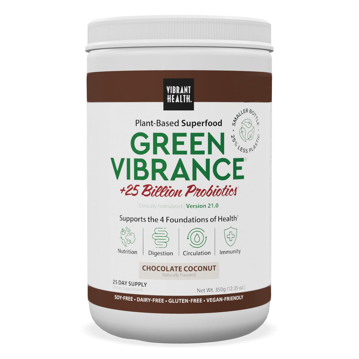 Vibrant Health Green Vibrance tub front with Chocolate Coconut flavor for daily nutrition.