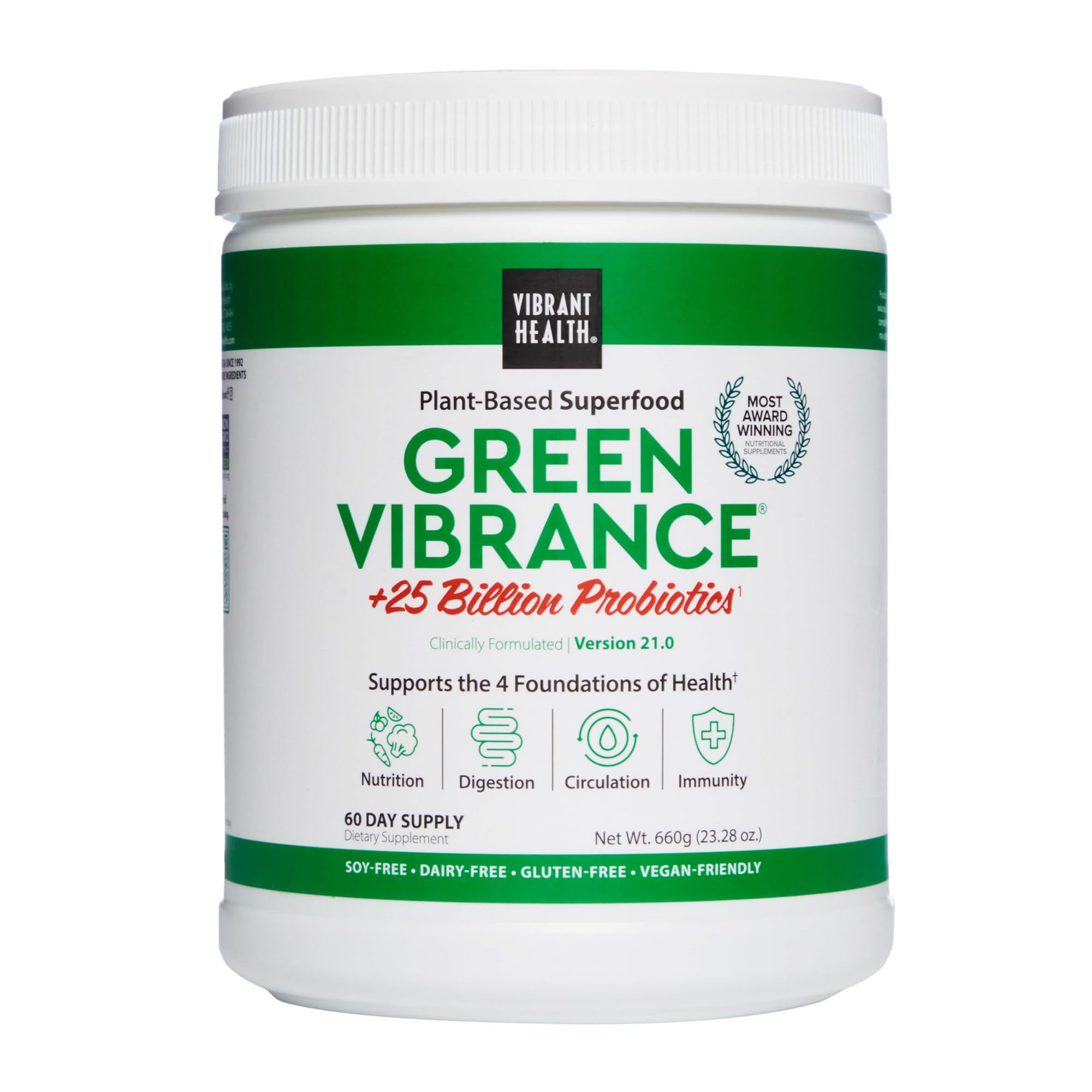 Vibrant Health Green Vibrance tub front view highlighting vegan powder for daily energy support