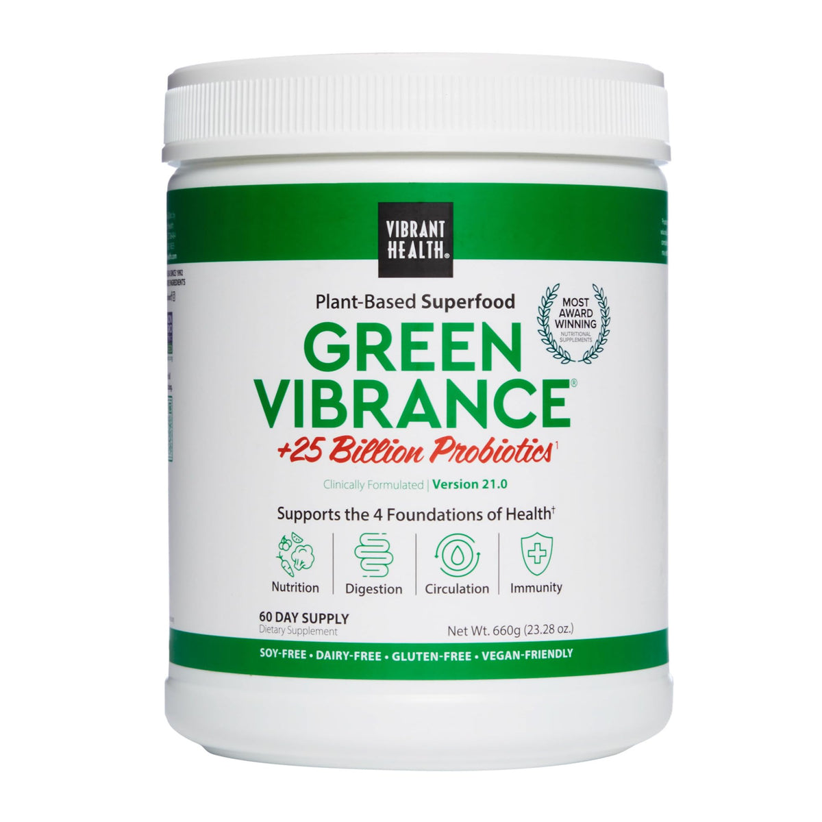Vibrant Health Green Vibrance tub front view highlighting vegan powder for daily energy support