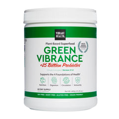 Vibrant Health Green Vibrance tub front view highlighting vegan powder for daily energy support