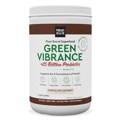 Vibrant Health Green Vibrance tub front with Chocolate Coconut flavor for daily nutrition.