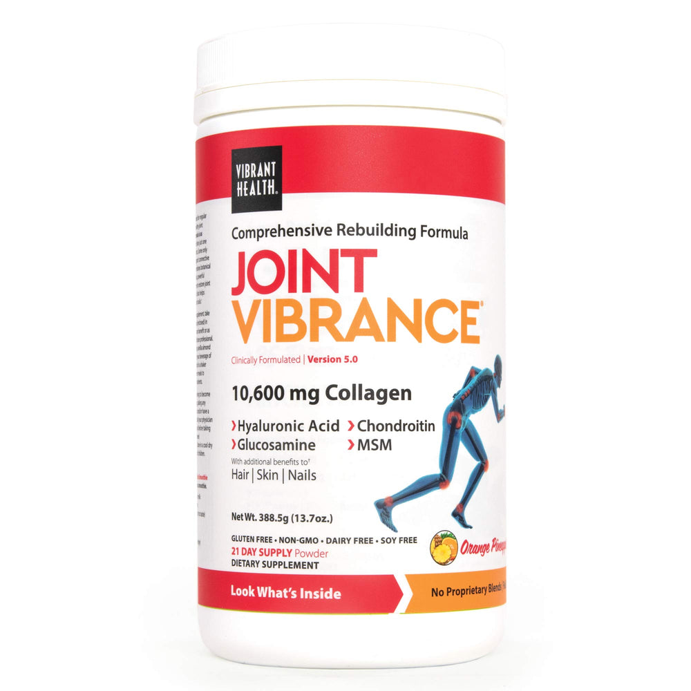 Vibrant Health Joint Vibrance bottle front showing orange pineapple flavor for daily joint support