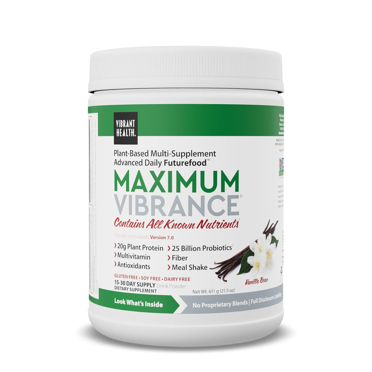 Vibrant Health Maximum Vibrance bottle showing convenient vegan nutrition for daily energy