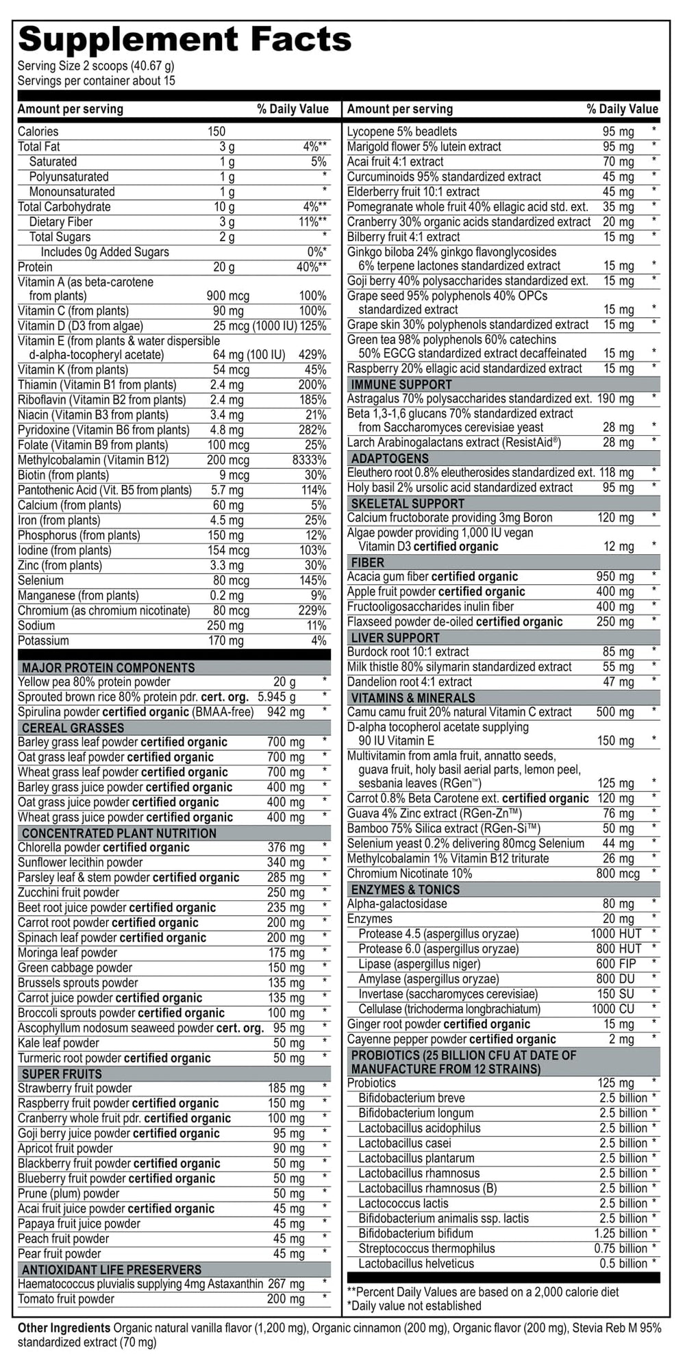 Vibrant Health Maximum Vibrance tub label highlights vegan protein and 120+ ingredients