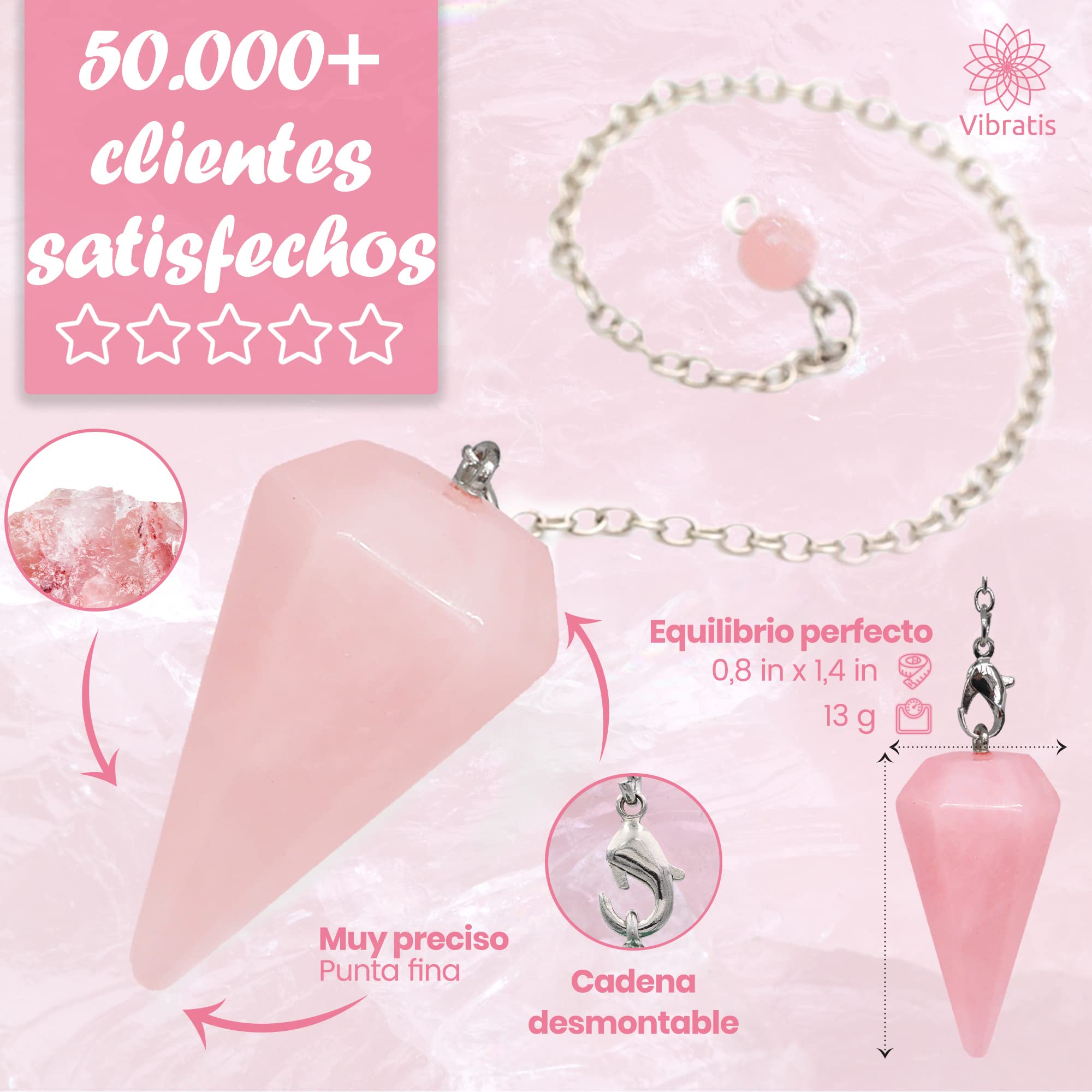 Vibratis rose quartz pendulum closeup showing smooth rose quartz stone for serene readings.