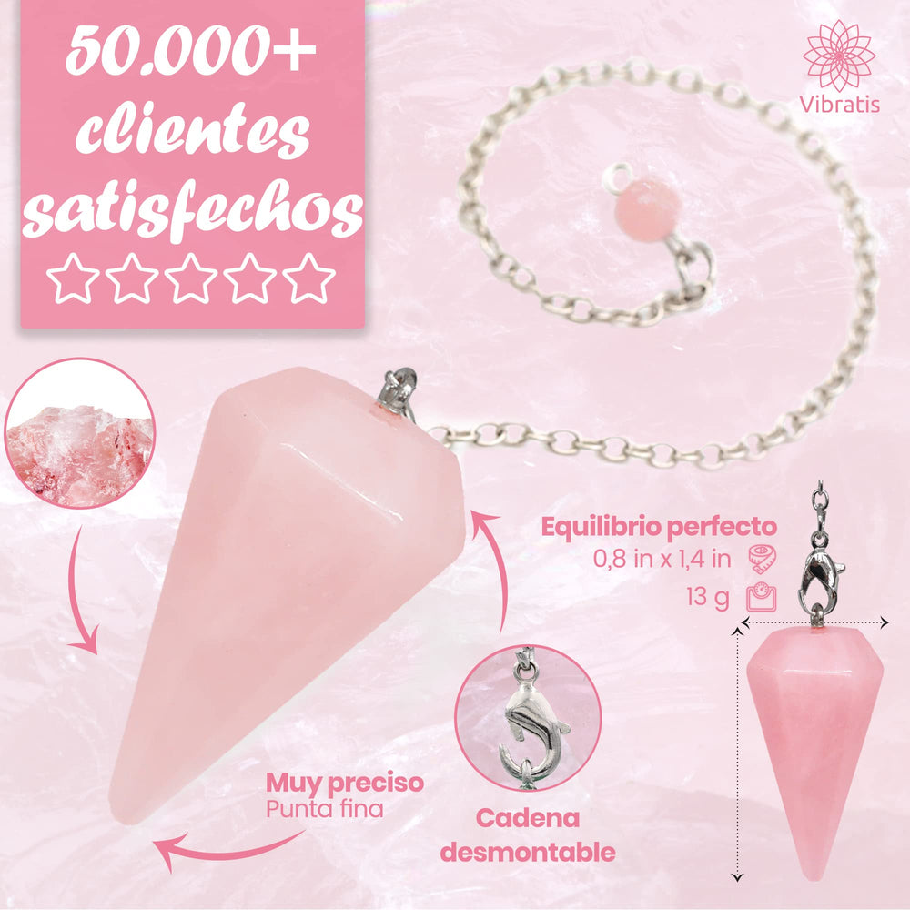 Vibratis rose quartz pendulum closeup showing smooth rose quartz stone for serene readings.