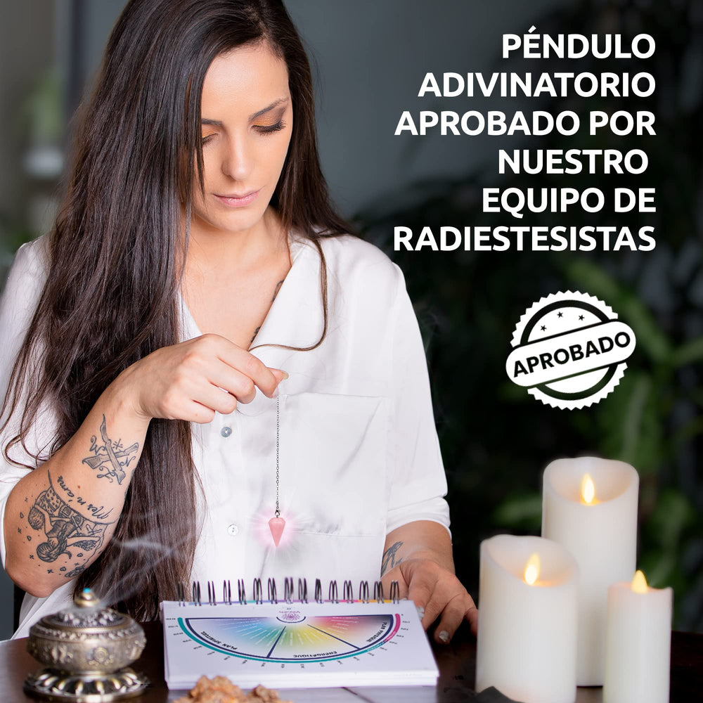 Vibratis rose quartz pendulum in black velvet bag for portable sessions.