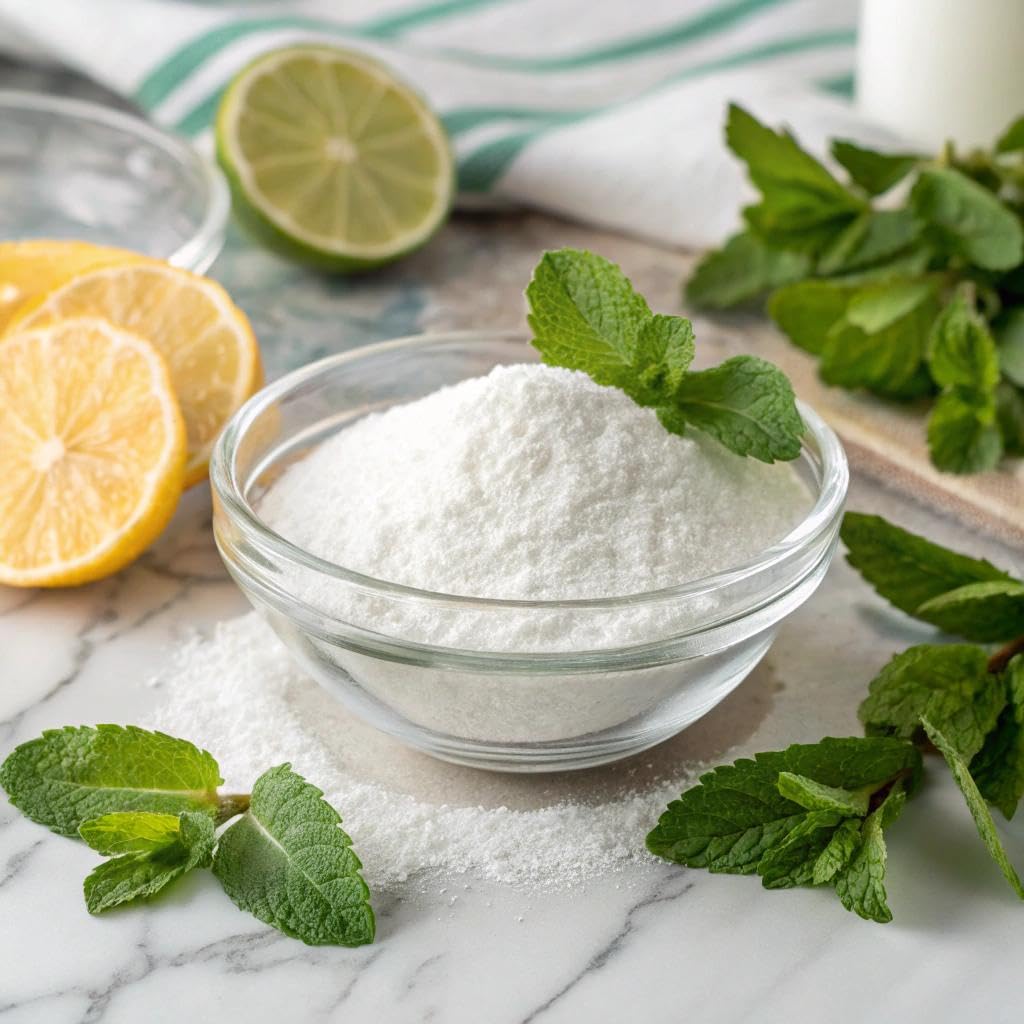 Viccoky Stevia powder in coffee cup shows zero-calorie flavor boost.