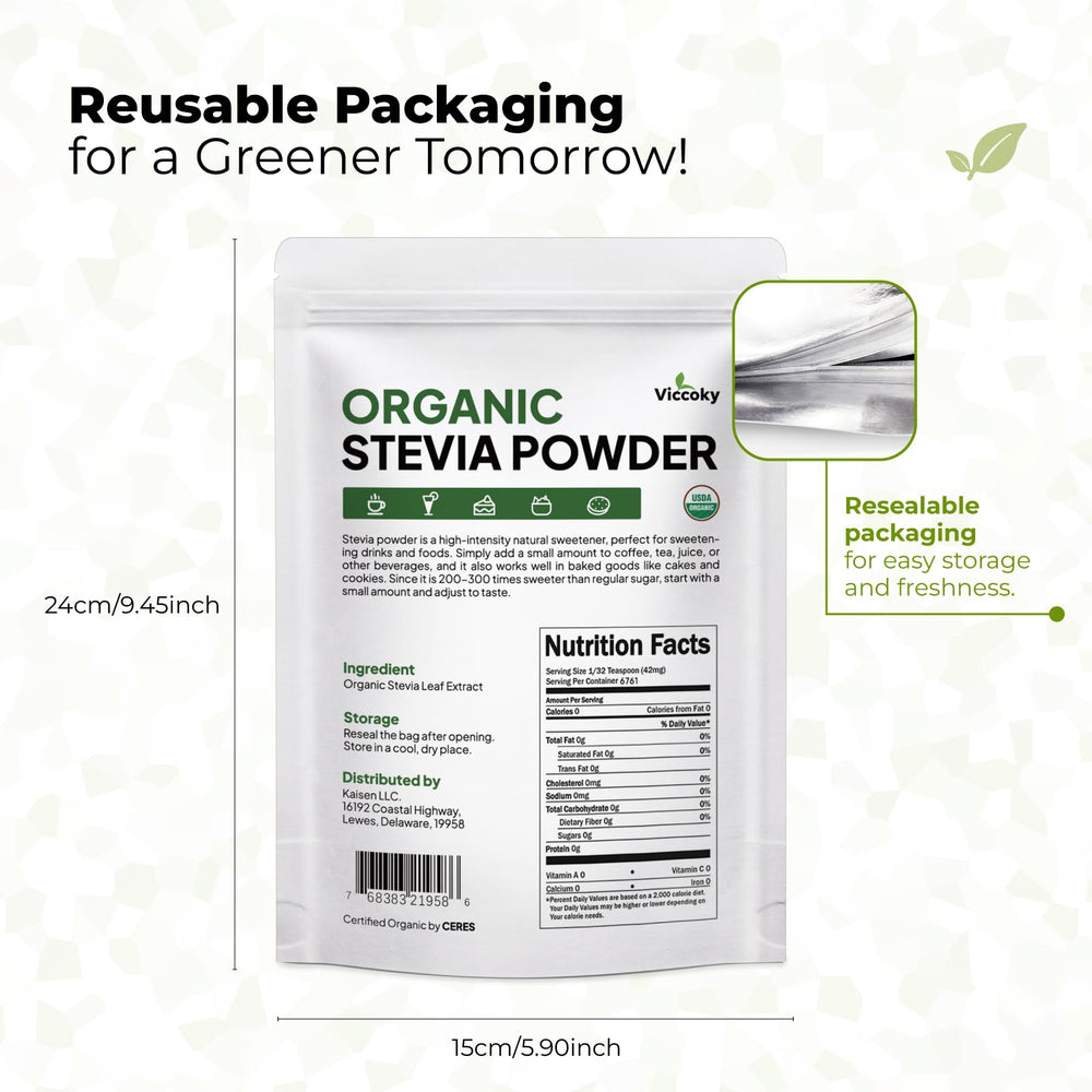 Viccoky Stevia powder scoop highlights convenient measurement for beverages.