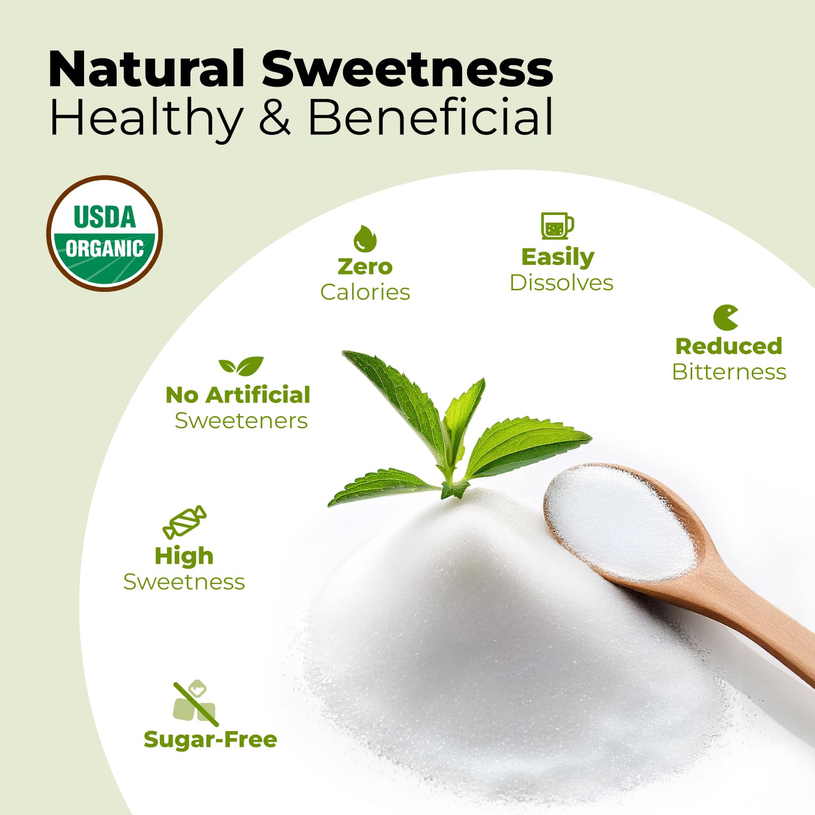 Close up of Viccoky stevia granules a highly concentrated zero calorie sweetener option