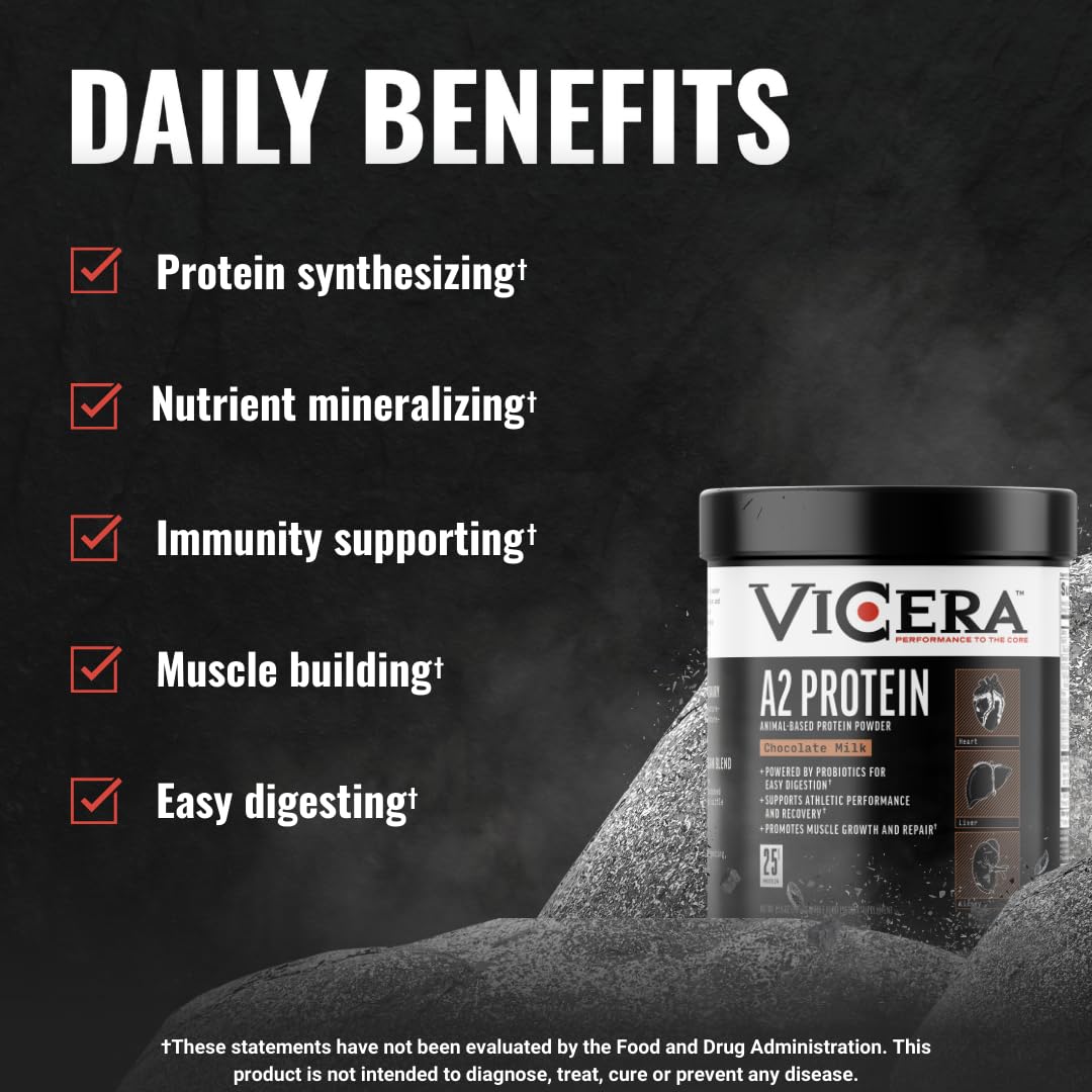 Vicera A2 gluten-free icon on the label signals a clean protein option.
