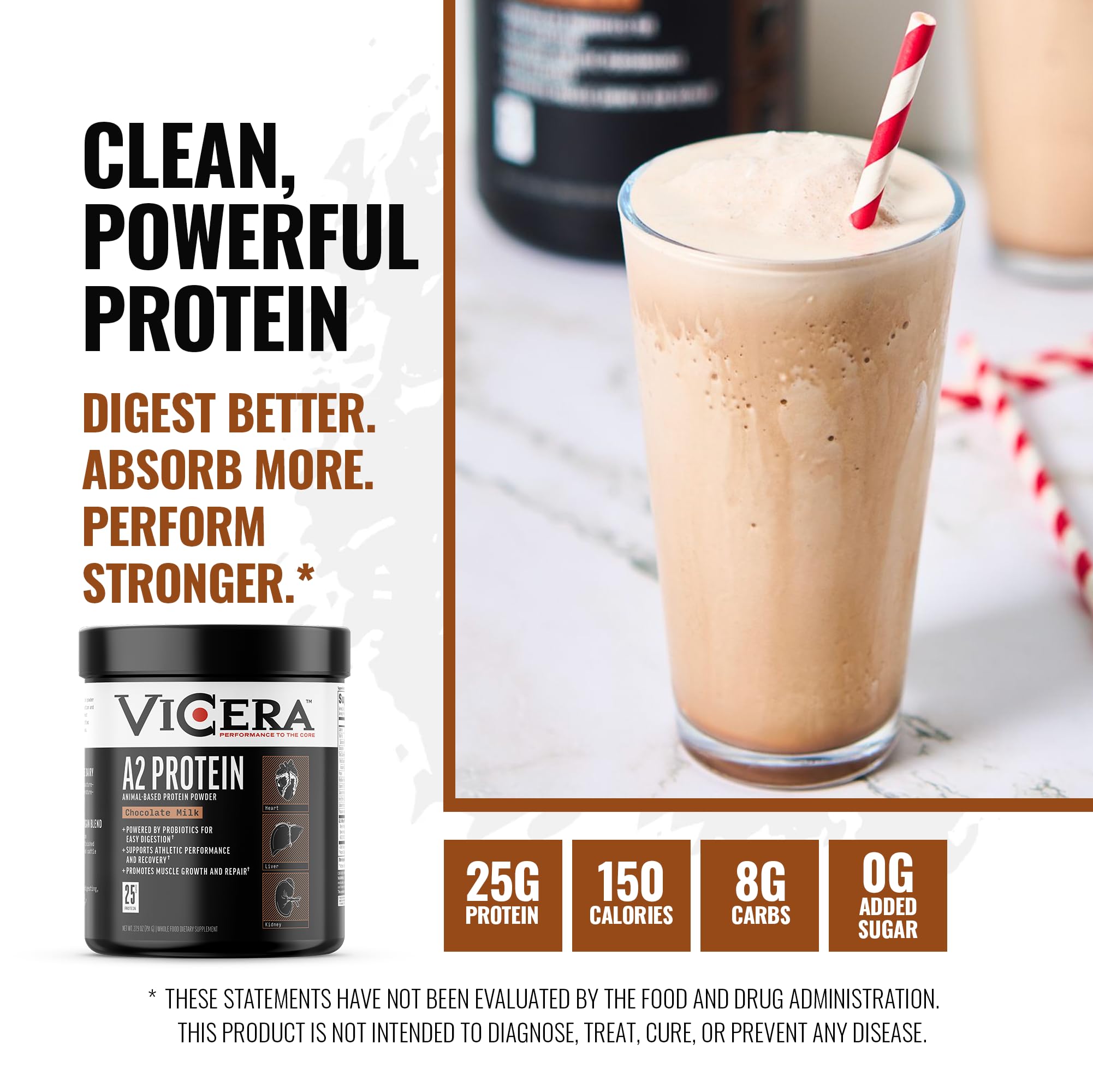 Vicera A2 Protein Powder chocolate milk shake in glass with creamy color.