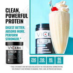 VICERA A2 Protein Powder Vanilla Creme being mixed into a smoothie