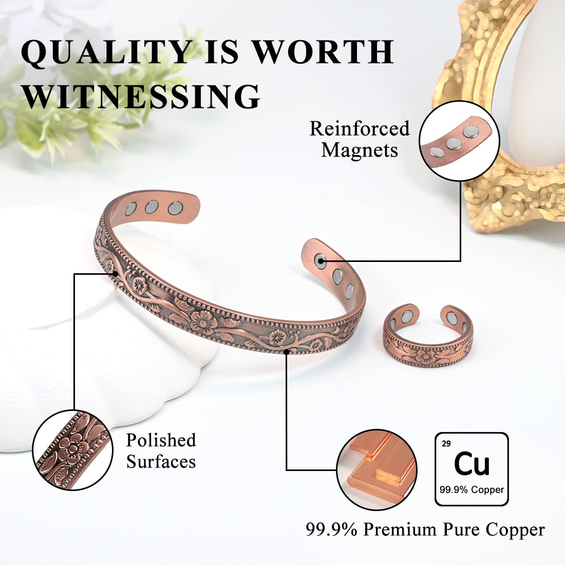 Vicmag adjustable copper bracelet close-up, easy squeeze for custom fit