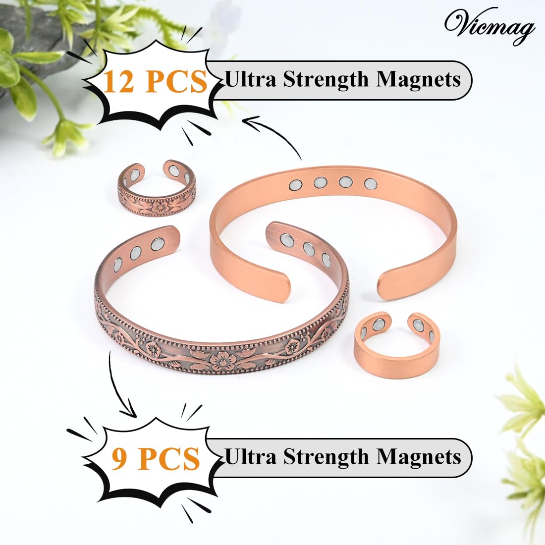 Vicmag adjustable open-end bracelet for a comfortable, customizable fit.