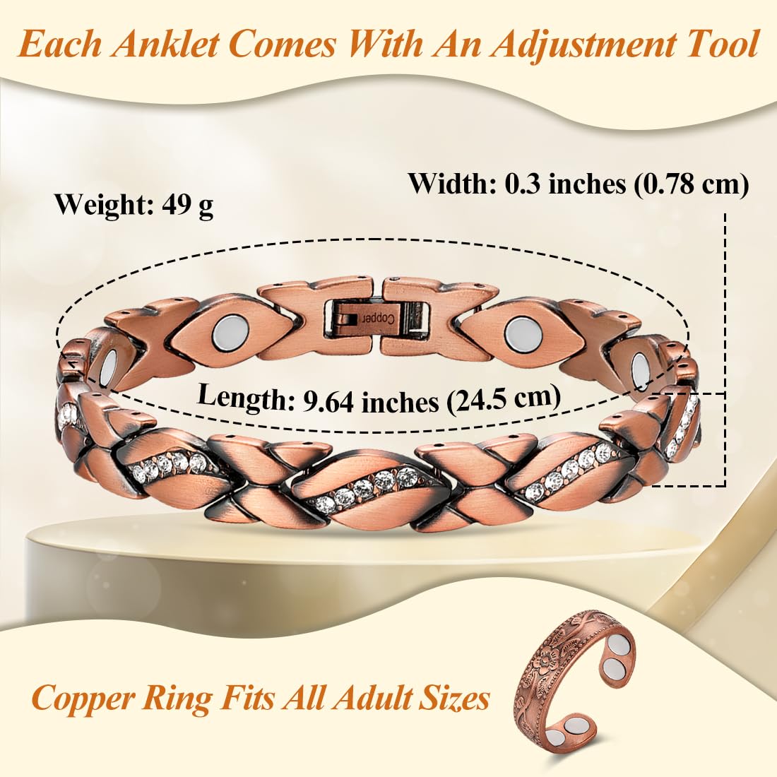 Vicmag copper anklet with brushed finish for long-lasting wear.