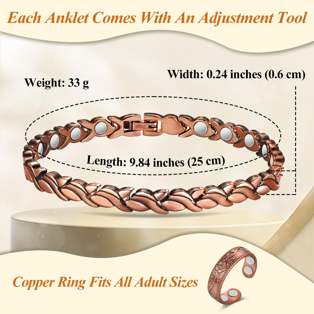 Vicmag copper anklet magnets closeup highlighting magnetic design for daily comfort