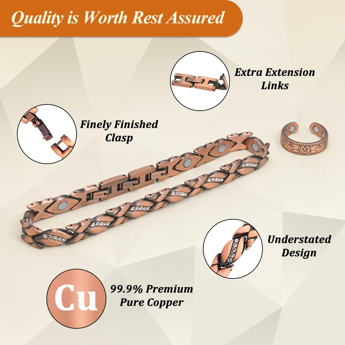 Vicmag copper anklet includes two extra clasps for extended sizing.