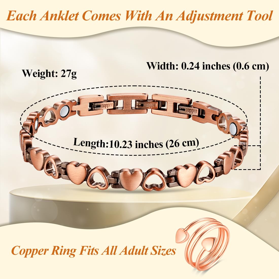Vicmag copper anklet two extra clasps closeup indicates adjustable fit.