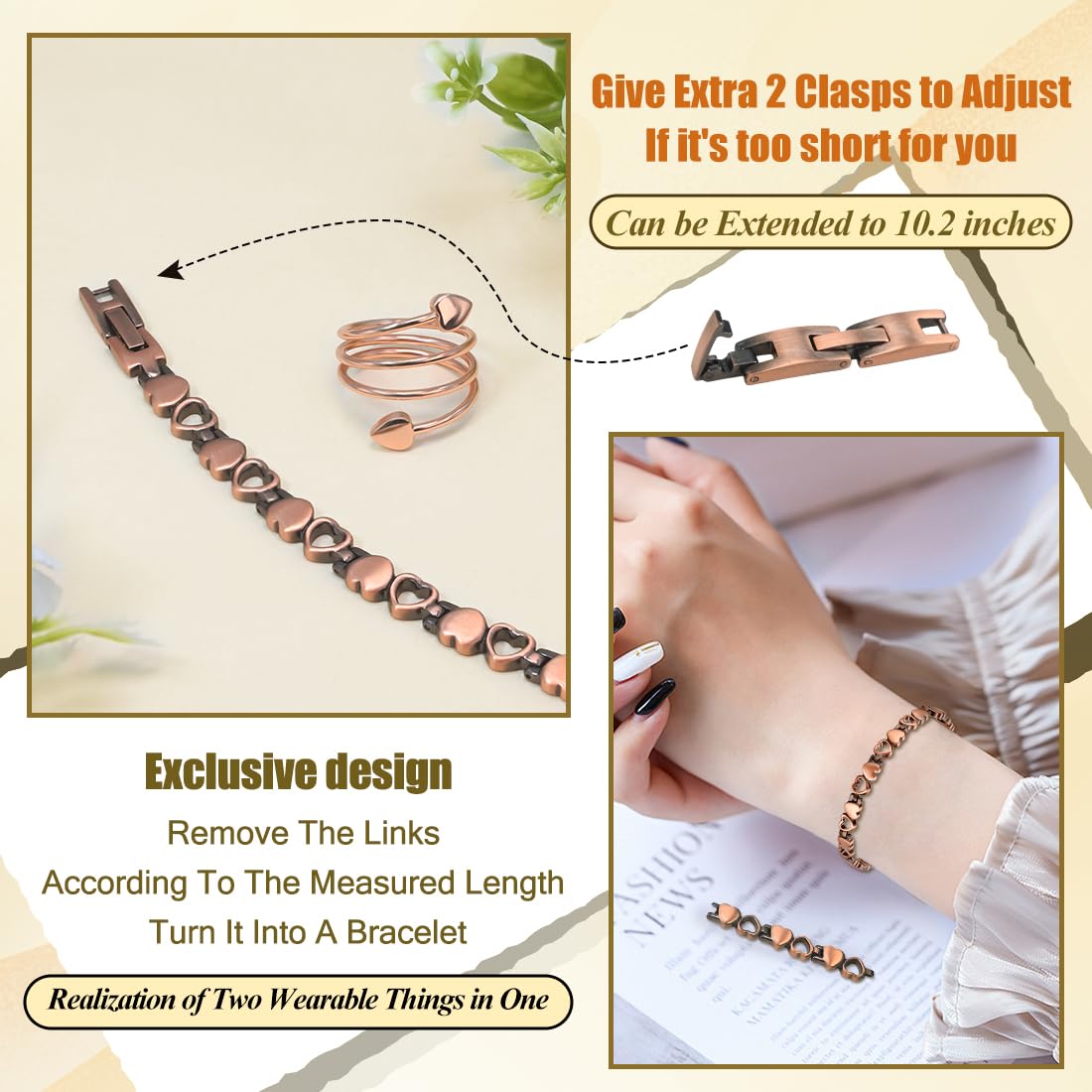 Vicmag copper anklet worn as bracelet demonstrates versatile styling.