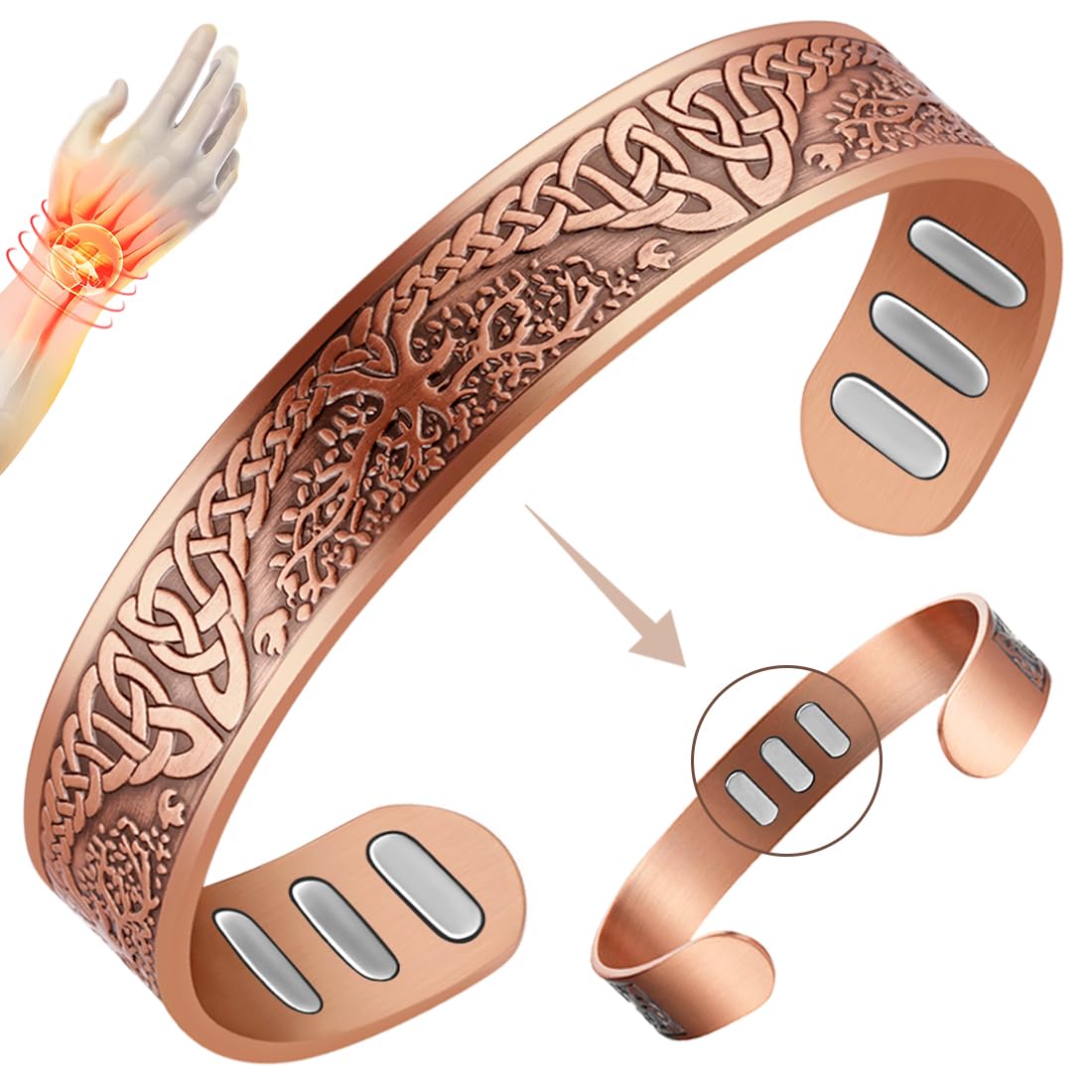Vicmag copper bracelet Life Tree design close-up highlights premium craftsmanship for daily wear.